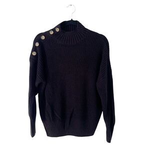 Suzy Shier Black Mock Neck Cable Knit Ribbed Button Long Sleeve Sweater